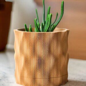 3D Printed Planter Pot 5in With Drainage Tray Wood Texture Minimalist